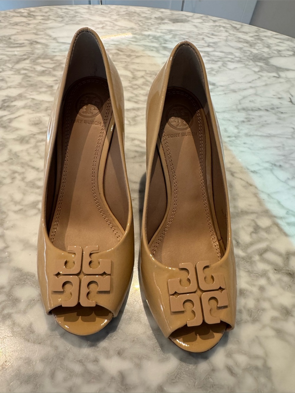 Tory Burch Lowell Wedge Pumps - Nude Patent PeepToe Wedge Size 5.5